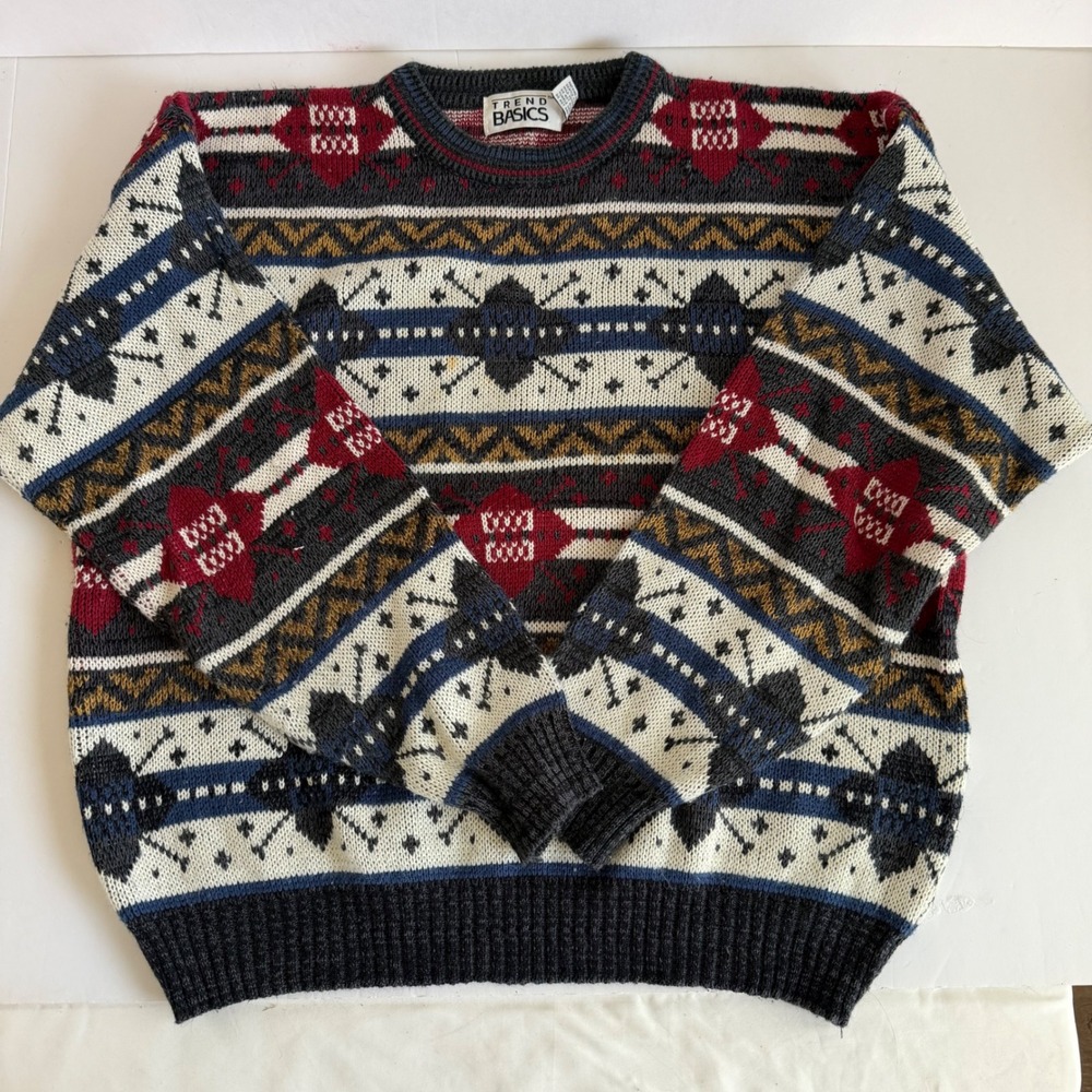 Vintage Sweater XL Fair Isle Nordic Knit Red Blue Crewneck USA Ski Grandpa Cabin